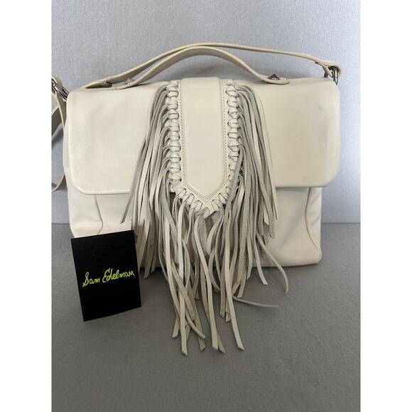 Sam Edelman Michelle Fringe Satchel in Ivory Leather Western Boho Bag - Picture 1 of 15